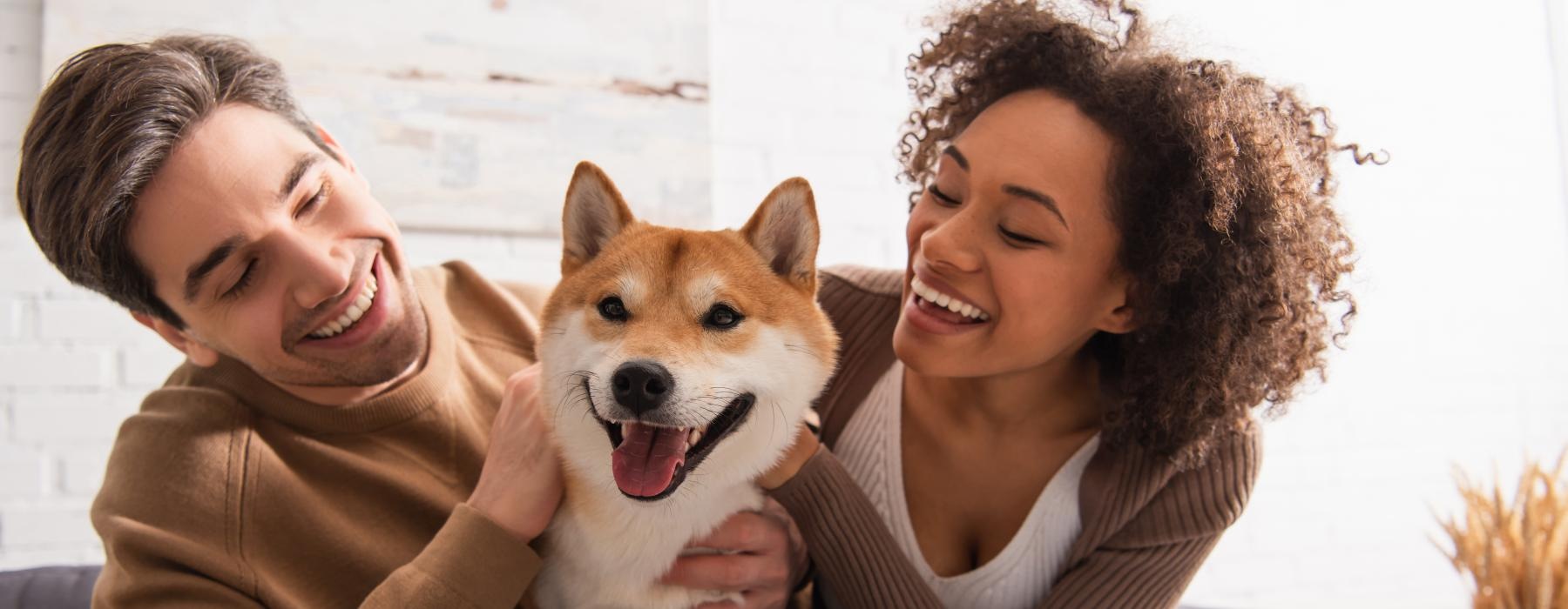 a man and a woman holding a dog